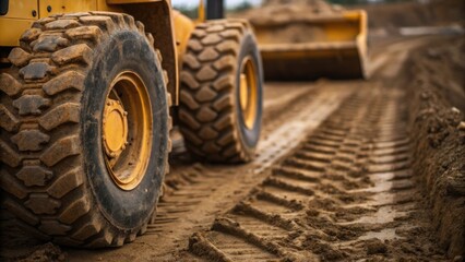 Poster - Closeup of the rugged wheels of a bulldozer leaving deep tire marks in the moist earth illustrating the powerful grip and force applied to level the construction site.