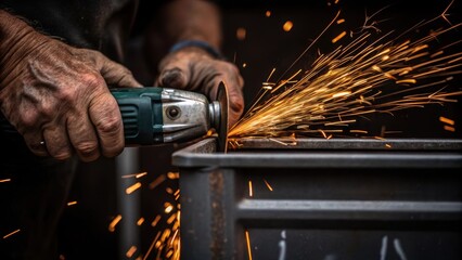 Poster - Closeup of weathered hands gripping a handheld power tool focused on ting into the side of a container with sparks flying in a dynamic display of action.