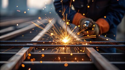 Fototapete - Closeup of welding sparks flying as a worker fuses metal components together capturing the intensity of the construction process with glimmers of light reflecting off the molten