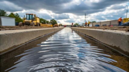 Poster - Closeup of water flowing through a temporary drainage system creating ripples that reflect the overcast sky while construction continues at the site.