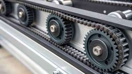 Poster - Closeup on a conveyor system with smooth rubber belts highlighting the intricate gearing and motor components beneath the surface.