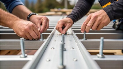 Aufkleber - Closeup of workers hands assembling premade panels together with screws showcasing the efficiency of prefabrication and teamwork in building the structure.