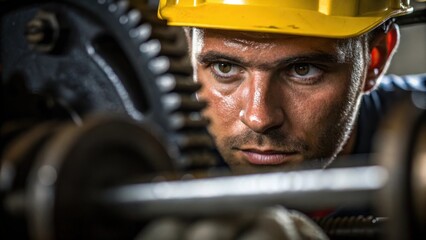 Poster - Closeup of Workers Expression A focused expression on a workers face as they tune a complicated mechanism revealing their dedication to the task at hand.