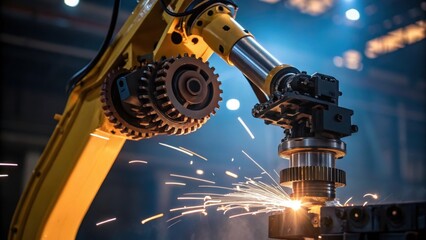 Aufkleber - Closeup view of the mechanical joints of a robotic arm in motion depicted with gears and servos illuminated by the nearby welding glow emphasizing its engineering complexity.