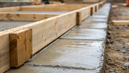 Aufkleber - Closeup shot of wooden forms being leveled to maintain an even foundation surface with one side already poured capturing the contrast between the wet concrete and raw wood.