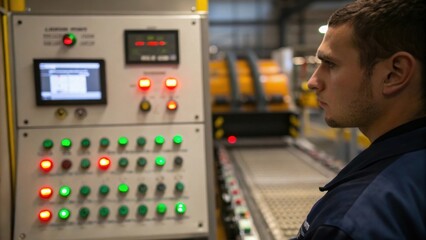 Aufkleber - Control Panel A technician closely examines a control panel adorned with glowing indicators their expression intent as they monitor the conveyor systems performance.