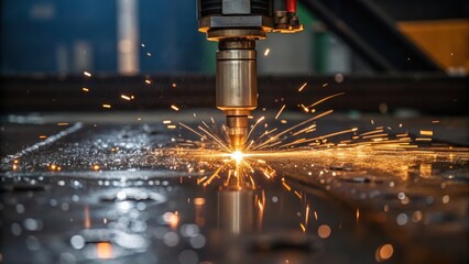 Poster - Detailed closeup of a weld puddle forming under the laserlike focus of the welding torch with droplets of molten metal glistening and a background of blurred machinery.