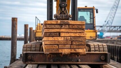 Poster - Detailed shot of loading a pile onto the pile driver platform showcasing the rugged textures of the wood and the heavy machinery necessary for marine construction.