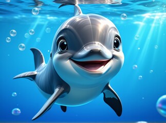 Happy dolphin swimming joyfully in clear ocean waters with bubbles and sunlight filtering through the surface