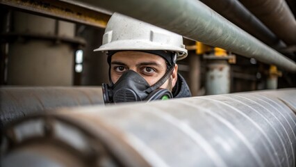 Poster - Detailed view of a workers face partially obscured by a mask as they carefully adjust the insulations alignment on an industrial pipe.