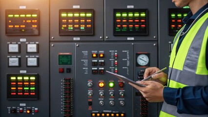 Aufkleber - Detailed view of the control panel of an energy recovery system featuring illuminated LED displays and dials with a technician monitoring the setup.