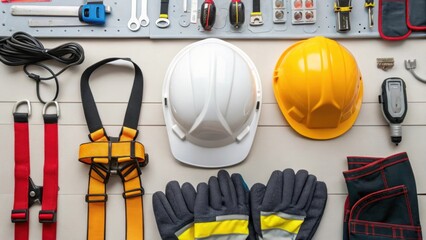 Poster - Detailed view of safety gear hard hats gloves and harnesses neatly arranged on a workbench emphasizing the importance of safety in electrical installations.