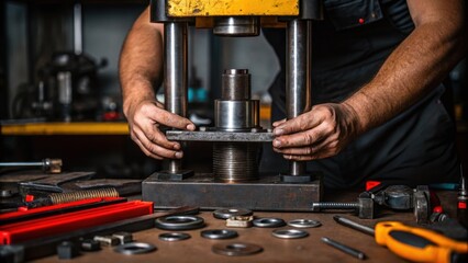 Poster - Hands carefully replacing a worn hydraulic seal on a press surrounded by tools and equipment reflecting the industrial environment.
