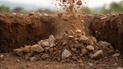 Poster - In a medium closeup soil and rocks ter around as a pile is driven into the earth the force depicted in the movement of the materials and the pile sinking into the foundation.