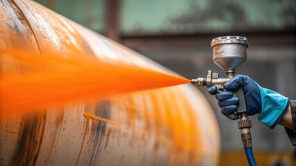 Poster - Medium closeup focusing on a painters hand gloved and wielding a spray paint nozzle as vibrant orange paint jets onto a weathered tank oil stains and industrial backdrop blurred.
