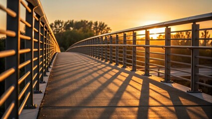 Aufkleber - Medium closeup of a bridge section with freshly installed railings catching the golden light of sunset casting long shadows on the walkway.