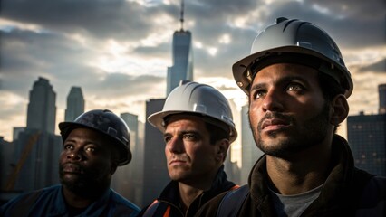 Poster - Medium closeup capturing the shadowed faces of workers against the skyline each embodying concentration as they navigate their lofty task.