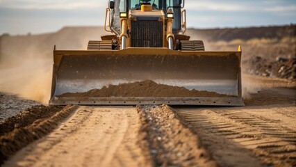 Poster - Medium closeup of a bulldozer pushing earth its powerful blade creating a spray of dirt and gravel as it shapes the outline of a flood control canal.