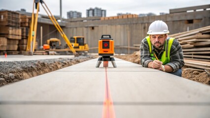 Poster - Medium closeup image of a construction worker using a laser level on a newly laid foundation surrounded by heavy equipment and piles of building materials.