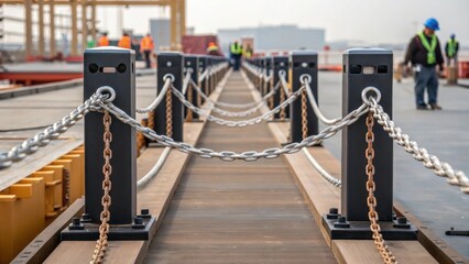 Aufkleber - Medium closeup of a completed dock section secured in place with ropes and chains prominently displayed highlighting the finished work amidst ongoing assembly.