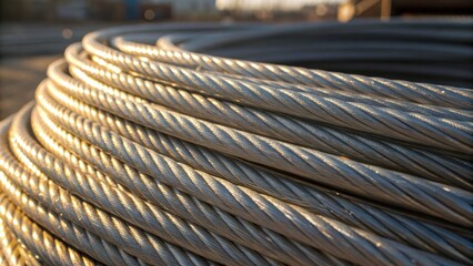 Poster - Medium closeup of a bundle of glistening steel cables with sunlight reflecting off the metallic surface highlighting the precision in their construction.