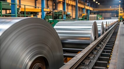 Poster - Medium closeup of a conveyor belt moving steel coils with dynamic motion blur and background machinery portraying the efficiency of the production line.