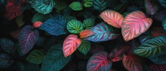Poster - Intricate leaves display vibrant colors and complex vein patterns in a lush environment