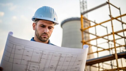 Aufkleber - Medium closeup of a construction engineer examining blueprints with construction scaffolding and a partial cooling tower structure rising in the backdrop.