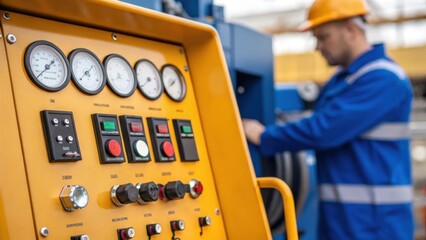 Aufkleber - Medium closeup of a control panel next to the conveyor system displaying various gauges and switches that operate the heavyduty system with a technician adjusting settings.