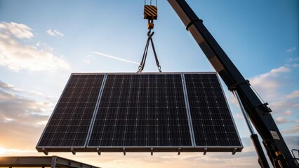 Poster - Medium closeup of a crane lifting a large solar array into position silhouetted against the bright sky capturing the scale of the installation and the machinery involved.