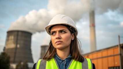Poster - Medium closeup of a female engineer wearing safety gear pointedly observing a large factory chimney emitting smoke her brow furrowed in contemplation.