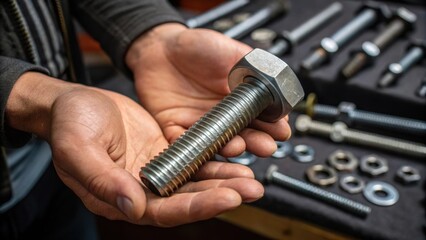 Aufkleber - Medium closeup of a finished fastener in the hands of a worker displaying the products detailed surface finish and craftsmanship against a backdrop of tools.