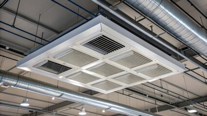 Poster - Medium closeup of a factorys ceiling with an installed air filtration system featuring modern vents and the surrounding ceiling structure.