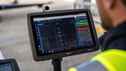 Fototapete - Medium closeup of a drones view screen showing realtime data analysis as a technician assesses blade integrity from a height emphasizing technology in maintenance.