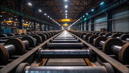 Aufkleber - Medium closeup of an assembly area filled with rolls of heavyduty conveyor belts highlighting the industrial environment with overhead lighting and metal machinery.