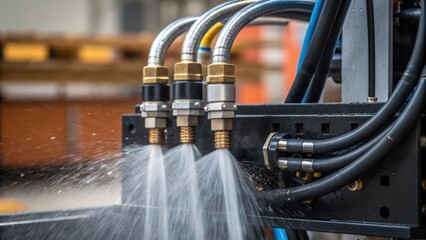 Poster - Medium closeup of a hydraulic system in operation with hoses visibly expanding and contracting capturing the dynamic movement and pressure effects.