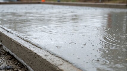 Poster - Medium closeup of an horizontal view of freshly poured concrete settling the wet surface creating a ripple effect as small droplets of excess water escape on the edges.