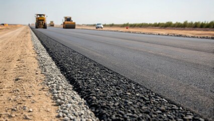 Aufkleber - Medium closeup of an open road ahead where the steamrollers path transitions from rough gravel to smooth pavement capturing the progression of road construction.