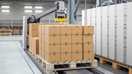 Aufkleber - Medium closeup of a palletizing system stacking boxes onto a pallet in a systematic manner demonstrating efficiency in load management.