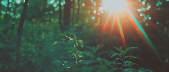 Poster - Beautiful lens flare and light leaks create a vintage atmosphere in a lush forest setting