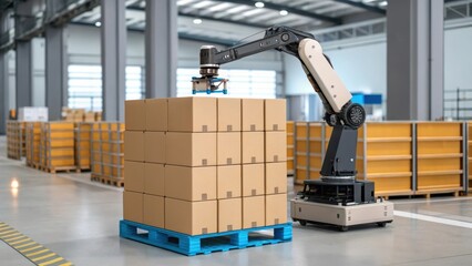 Aufkleber - Medium closeup of a palletizing robot stacking boxes with smooth calculated movements demonstrating efficiency in resource management.