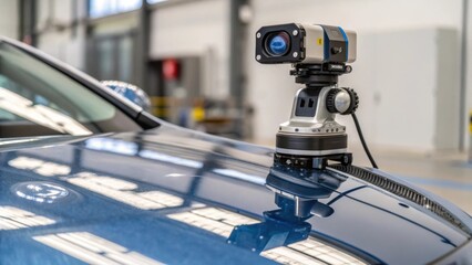 Fototapete - Medium closeup of a robot equipped with vision sensors inspecting a painted car body with a focus on a camera lens capturing surface imperfections.