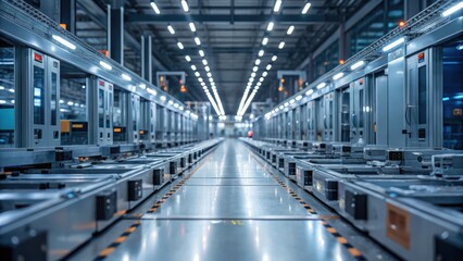 Aufkleber - Medium closeup of a sprawling assembly line capturing rows of automated machinery in motion with bright artificial lighting reflecting off polished metal surfaces.