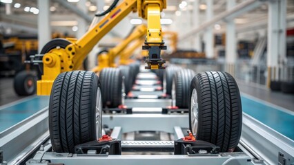Aufkleber - Medium closeup of a robotic arm placing tires onto a vehicle frame illustrating the synchronization between multiple robots in the assembly line.