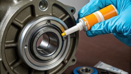 Aufkleber - Medium closeup of a technician applying lubricant to the bearings of the pump capturing the shiny grease tube and the careful application technique.