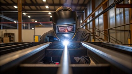 Poster - Medium closeup of a worker inspecting welds with a flashlight ensuring quality control in the fabrication process.