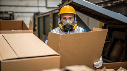 Poster - Medium closeup of a worker in protective gear expertly feeding large cardboard boxes into a heavyduty shredder with focused determination evident on their face.