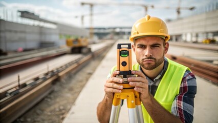 Poster - Medium closeup of a worker scanning the area with a level tool ensuring the ground is perfectly aligned for the construction of the stations platforms.