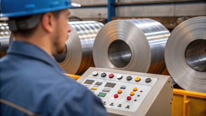 Aufkleber - Medium closeup of a worker operating a machinery control panel with several steel coils visible in the background highlighting the precision of the manufacturing process.
