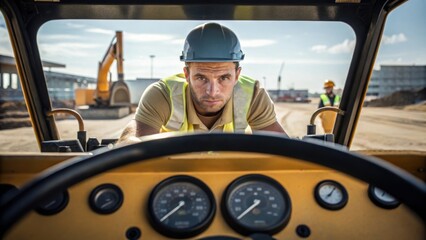Aufkleber - Medium closeup of a worker leaning over the steamrollers dashboard concentration visible on their face as they operate the machine with precision reflecting the dedication to the